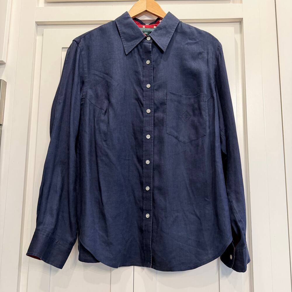 Lauren Ralph Lauren 1X Navy Linen Polka Dot Cuff Button Up Americana